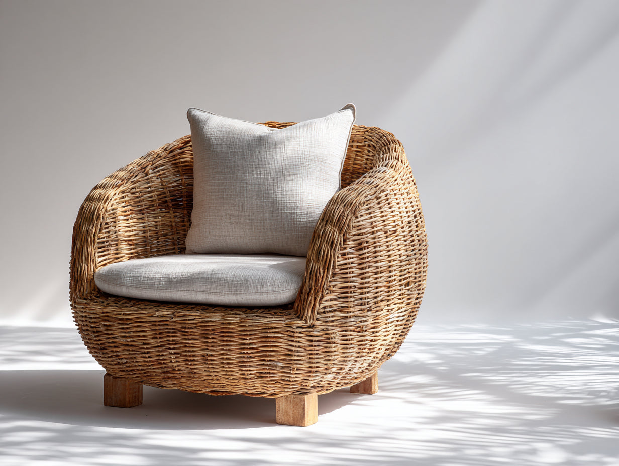 Polyrattan Gartensessel 90 x 88 x 78 cm - Natur und Beige - Rundes Flechtdesign für Terrasse und Balkon
