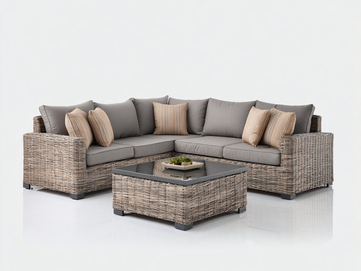 Gartensofa-Set aus Polyrattan 245x245x80 cm - Grau und Naturbraun - Eckform mit quadratischem Couchtisch