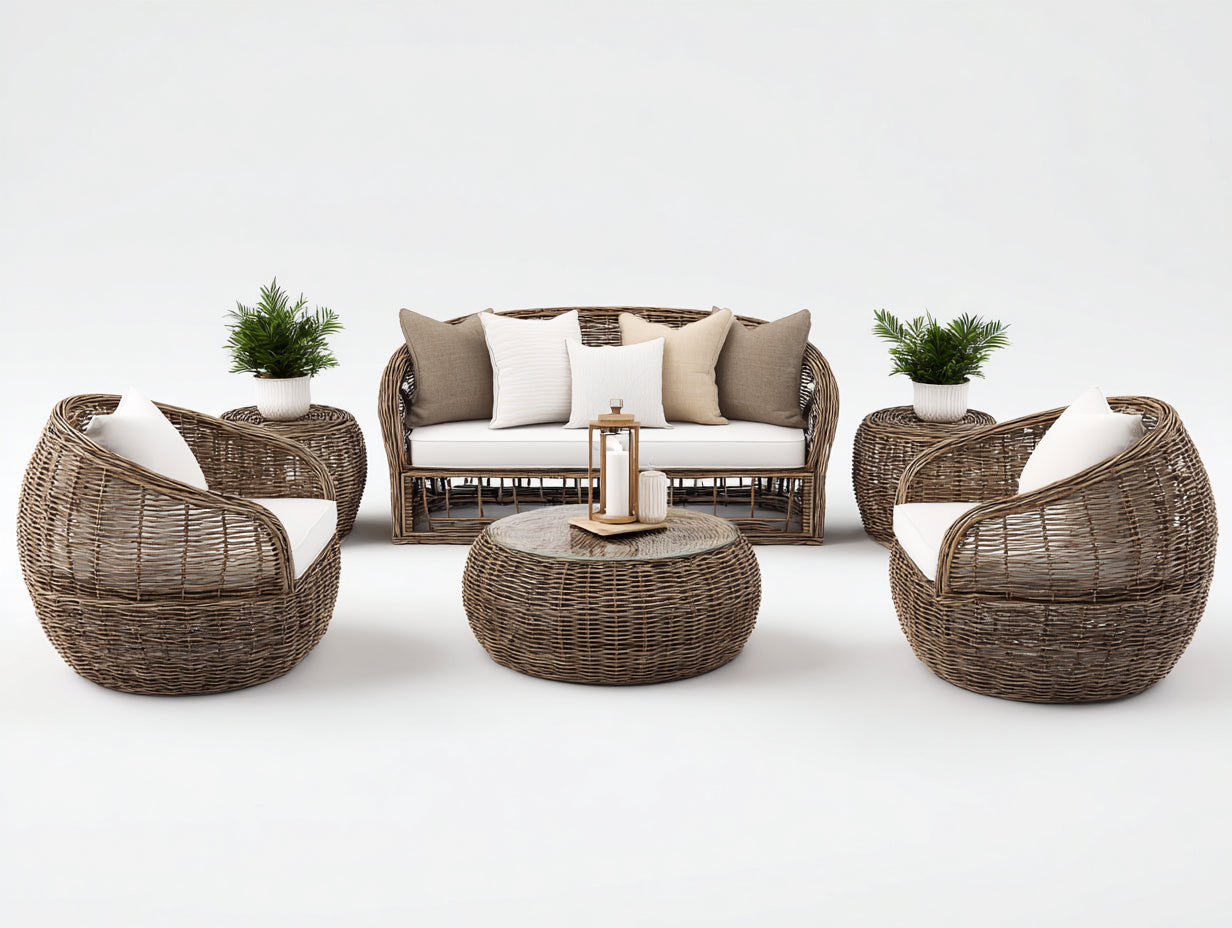 Gartensofa Set aus Polyrattan 150 x 78 x 82 cm - Braun und Cremeweiß - 6-teiliges Loungeset mit 2-Sitzer-Sofa 2 Sesseln und 3 Tischen