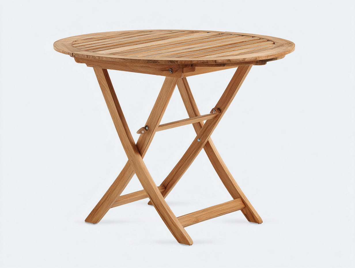 Gartentisch rund und klappbar aus Holz 90 x 90 x 75 cm - Naturbraun - Lamellentischplatte mit Kreuzgestell