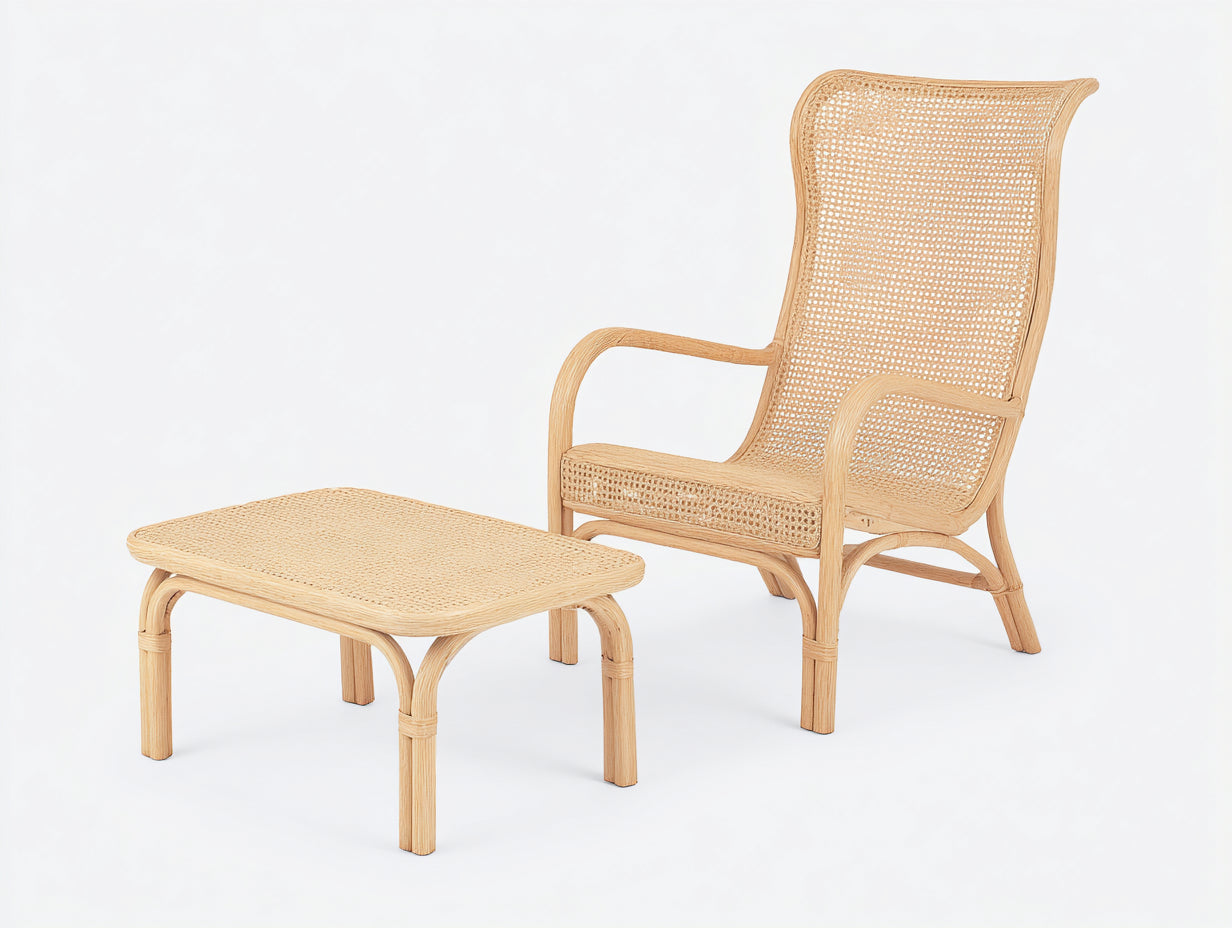 Polyrattan Gartensessel mit Fußhocker 72 x 85 x 105 cm - Naturbeige - Hohe Rückenlehne im klassischen Design