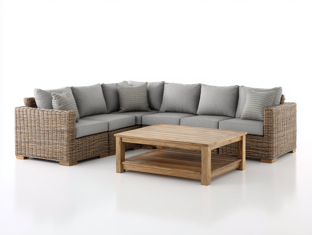 Gartensofa Set aus Rattangeflecht 260 x 260 x 76 cm - Naturbraun und Grau - Eckform mit Holz-Couchtisch