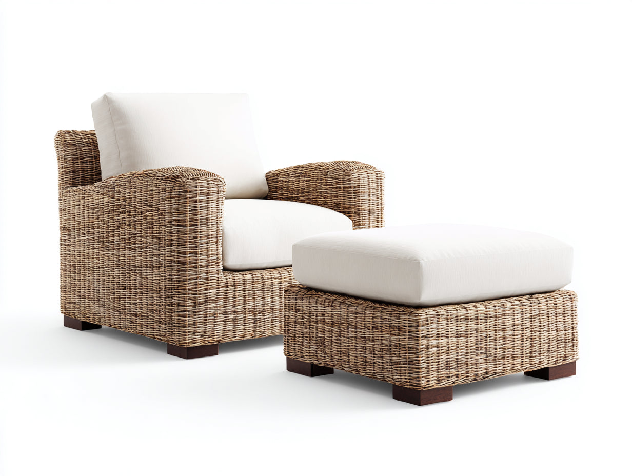 Polyrattan Gartensessel mit Fußhocker 85 x 82 x 87 cm - Natur und Cremeweiß - Geflochtenes Loungedesign für Garten und Terrasse