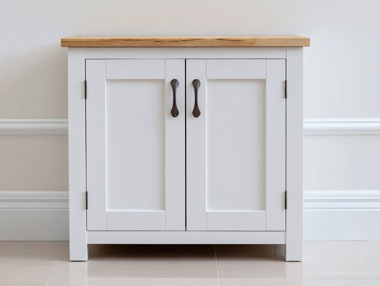 Sideboard mit 2 Türen aus Holzwerkstoff 80 x 40 x 85 cm - Weiß Naturbraun - Landhausdesign für Esszimmer Flur und Wohnbereich
