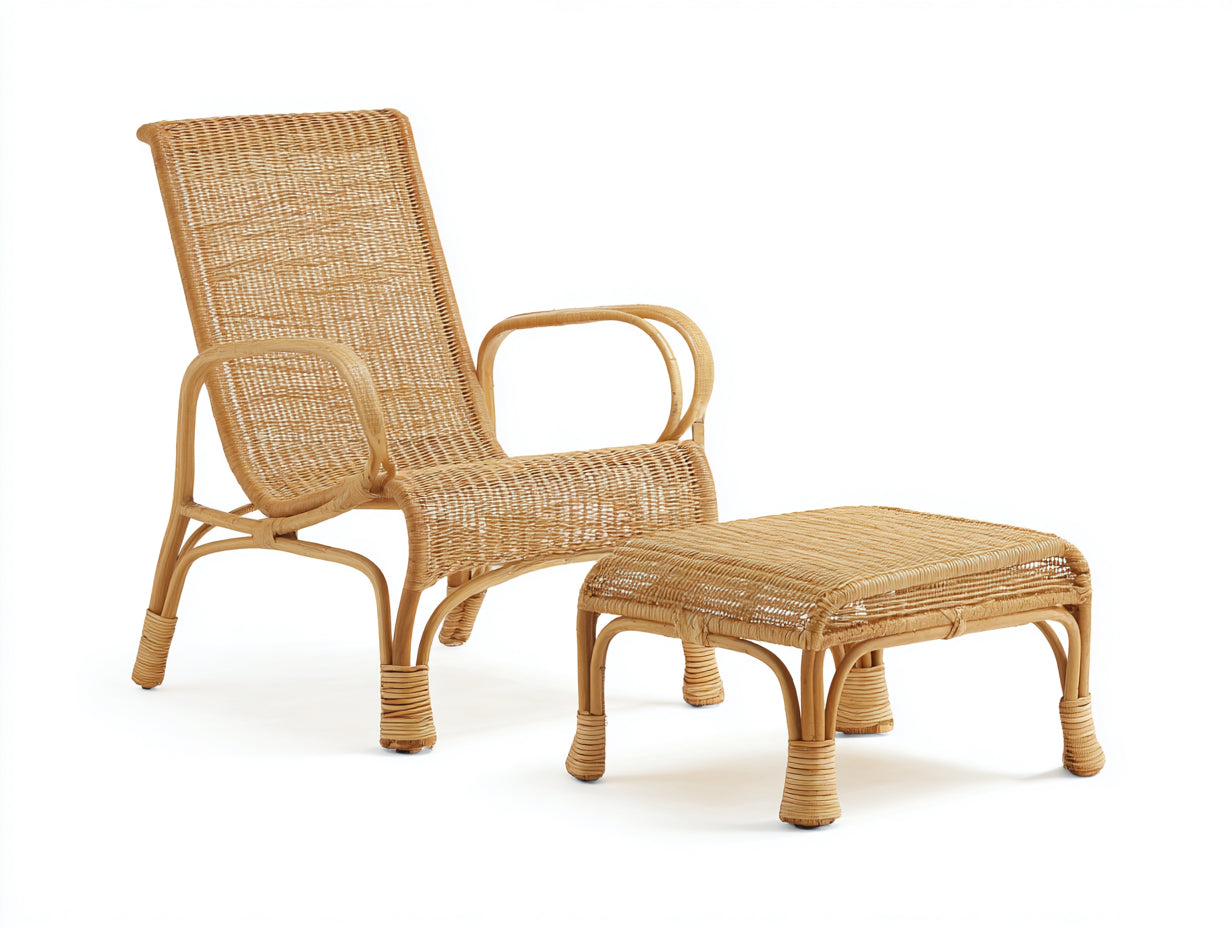 Polyrattan Gartensessel mit Fußhocker 70x85x105 cm - Naturbraun - hohe Rückenlehne mit geschwungenen Armlehnen