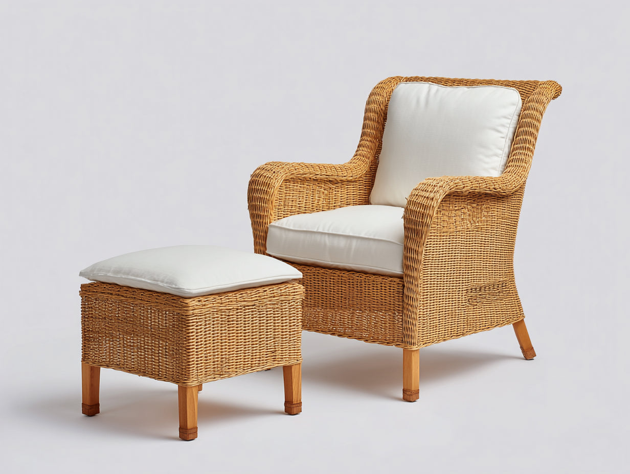 Polyrattan Gartensessel mit Fußhocker 78 x 80 x 105 cm - Naturbraun Weiß - Klassisches Flechtdesign für Garten Terrasse und Wintergarten