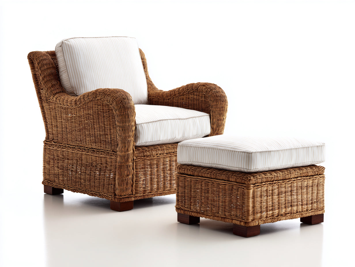 Polyrattan Gartensessel mit Fußhocker 82 x 86 x 98 cm - Naturbraun Cremeweiß - Klassisches Flechtdesign für Garten Terrasse und Wintergarten