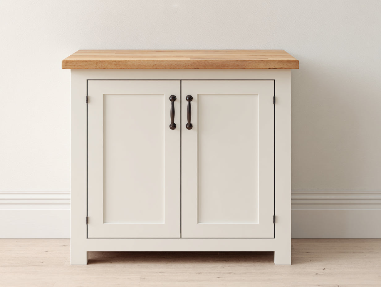 Sideboards mit 2 Türen aus Holz 90 x 40 x 85 cm - Cremeweiß und Naturbraun - Landhausstil mit Metallgriffen