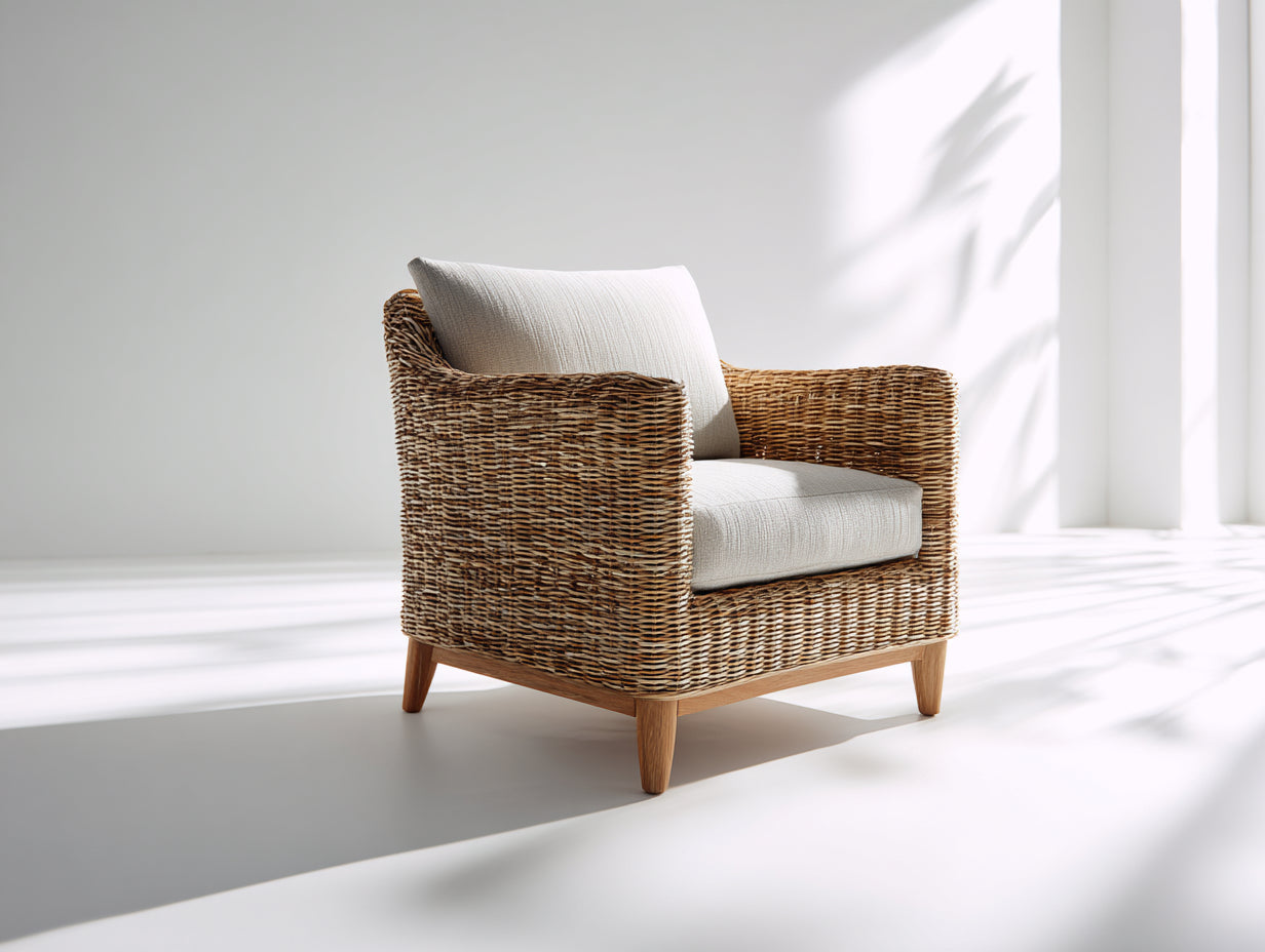 Polyrattan Gartensessel 78x82x82 cm - Naturbraun und Cremeweiß - gepolsterter Loungesessel mit Armlehnen