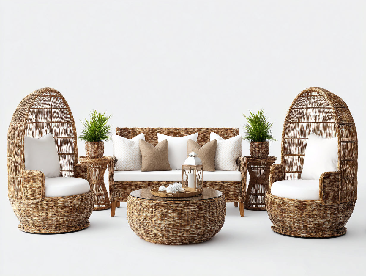 Gartensofa-Set aus Polyrattan 180x82x98 cm - Naturbraun und Cremeweiß - 6-teilig mit zwei Haubensesseln