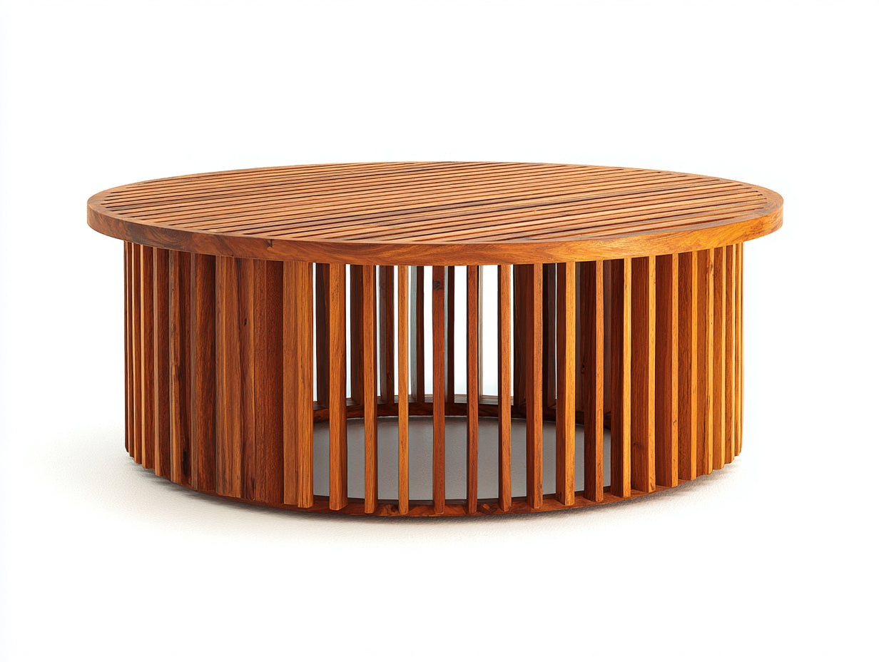 Gartentisch aus Holz 120 x 120 x 48 cm - Naturbraun - Runder niedriger Tisch mit Lamellenplatte und offenem Säulengestell