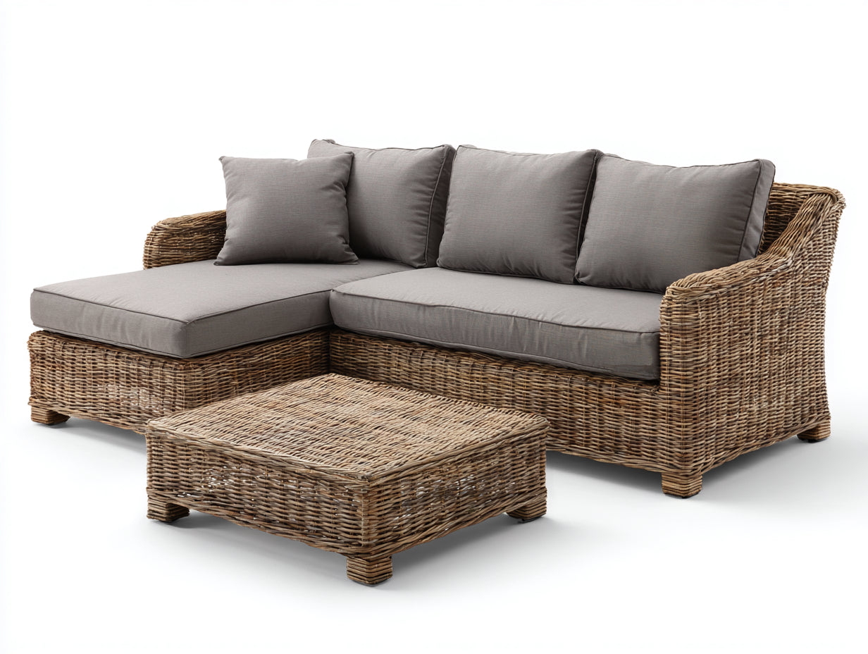 Gartensofa Set mit Gartentisch in Rattanoptik 230 x 160 x 82 cm - Naturbraun Grau - Großzügiges Eckdesign für Garten und Terrasse