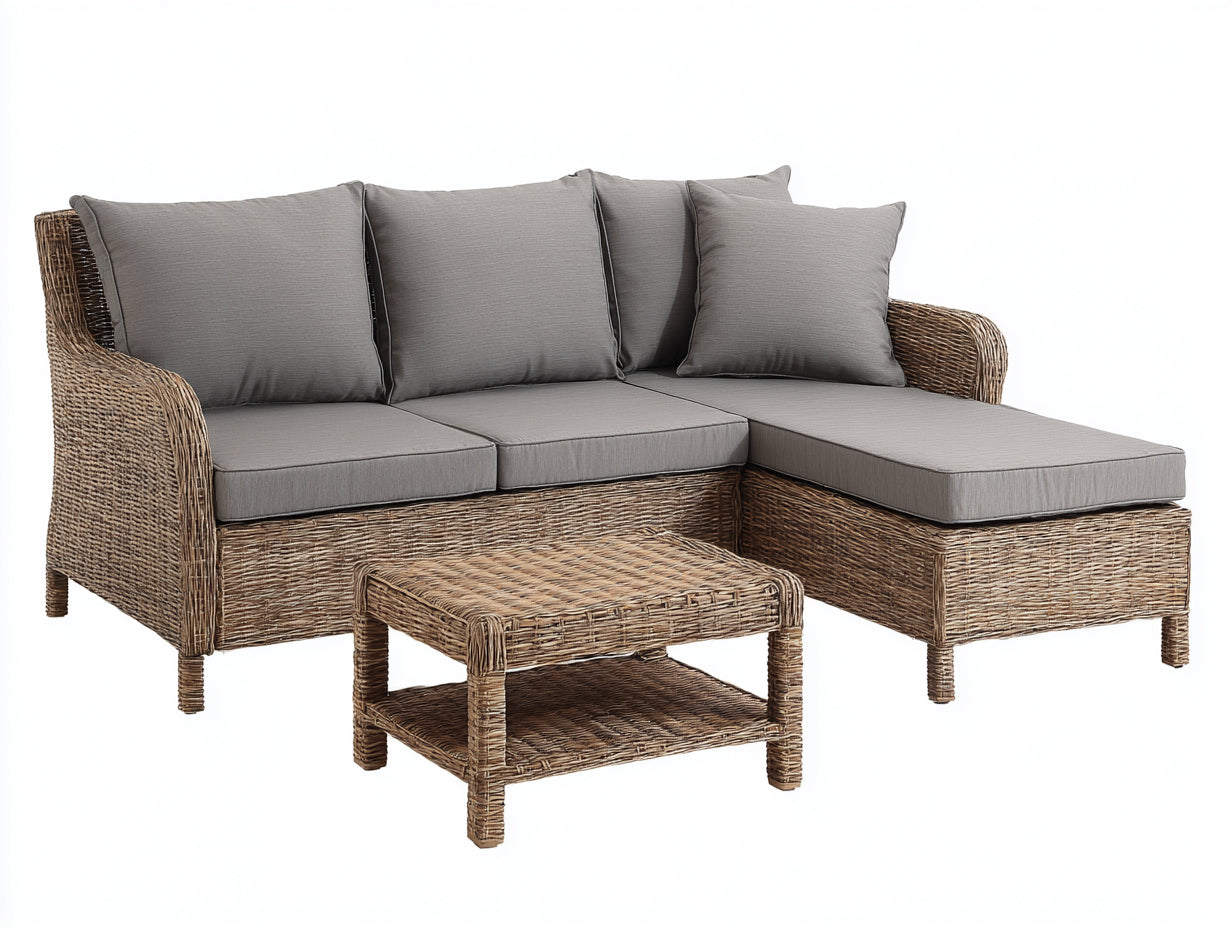 Gartensofa Set aus Rattangeflecht 210 x 150 x 78 cm - Naturbraun und Grau - Eckform mit Couchtisch