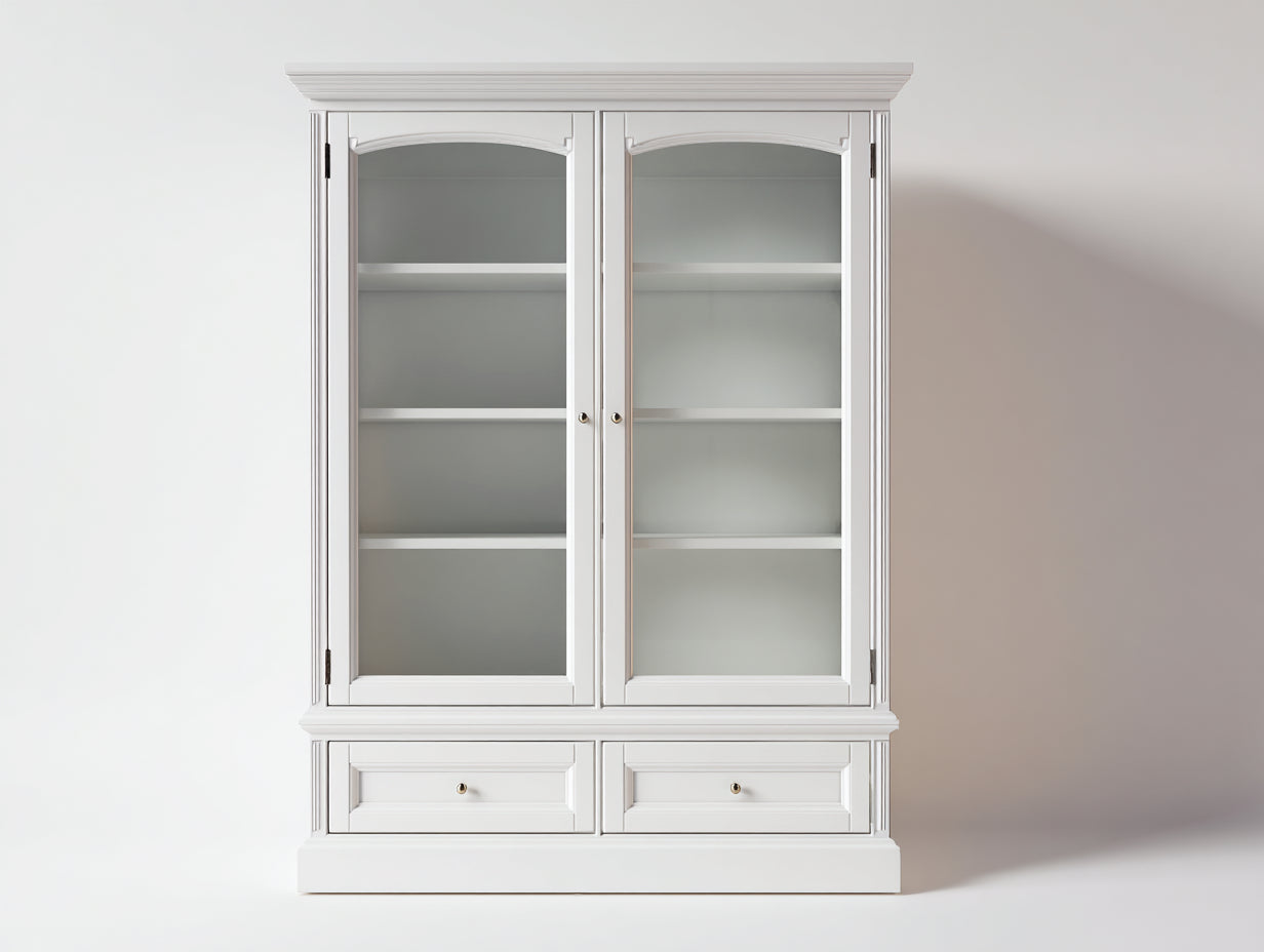 Vitrinen aus Holzwerkstoff und Glas 110 x 42 x 190 cm - Weiß - Klassischer Vitrinenschrank mit 2 Glastüren 3 Einlegeböden und 2 Schubladen