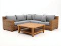 Gartensofa Eckset aus Polyrattan mit Stoffpolster 250 x 250 x 80 cm - Naturbraun und Hellgrau - Loungedesign mit Holztisch und Ablage