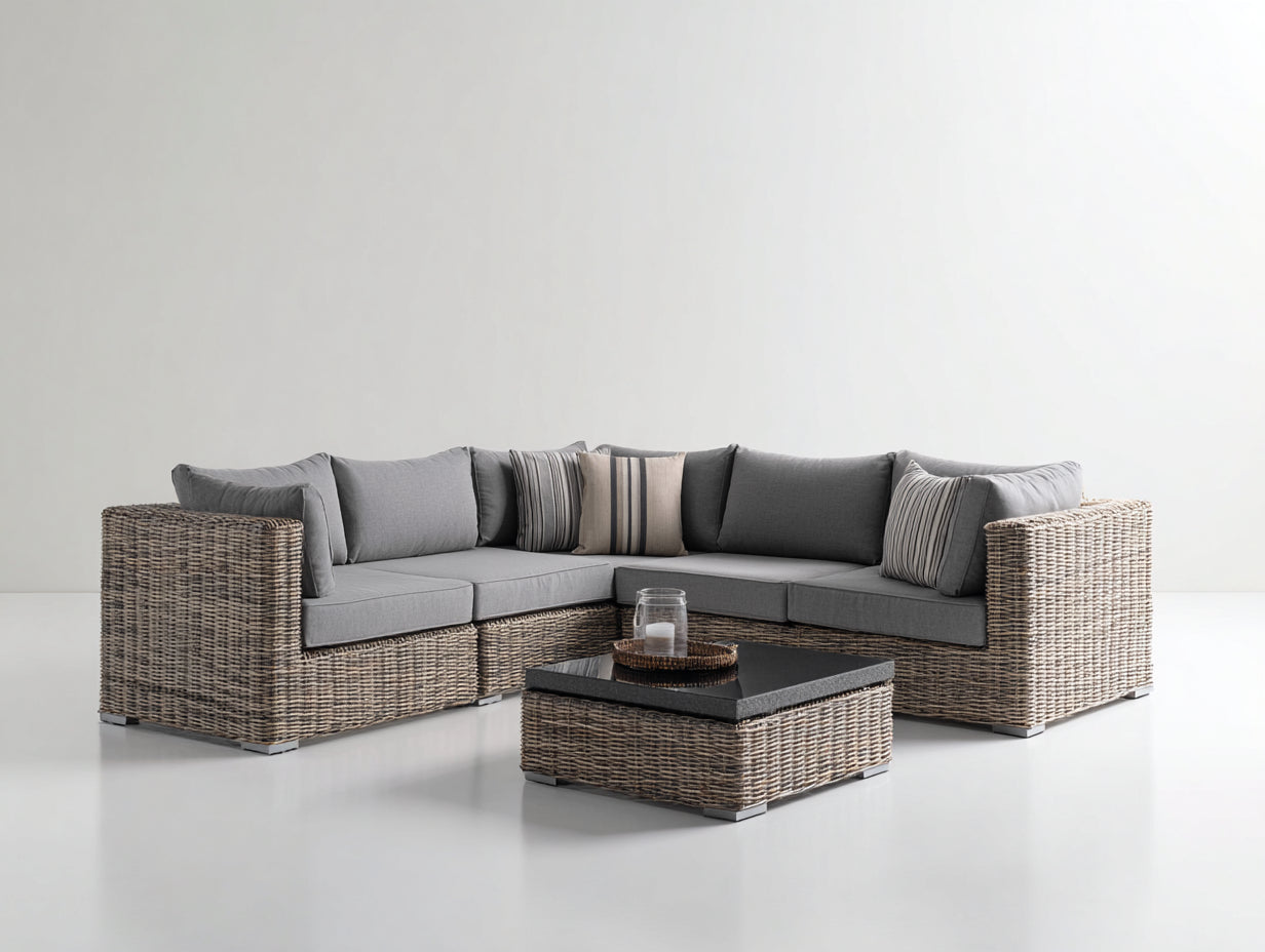 Gartensofa Set aus Polyrattan 260 x 200 x 78 cm - Braun und Grau - L-förmiges 5-Sitzer-Design mit quadratischem Couchtisch