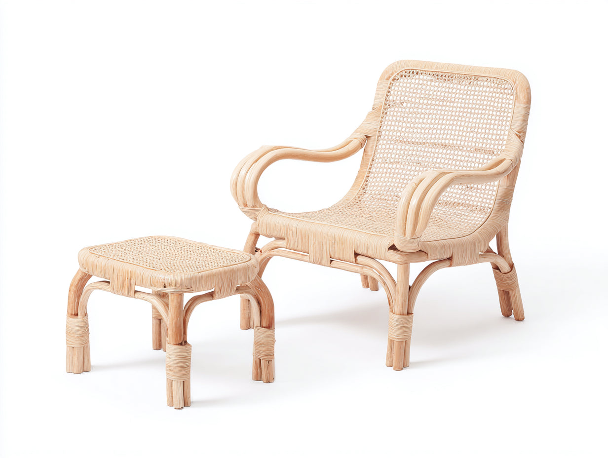 Polyrattan Gartensessel mit Fußhocker 73 x 78 x 89 cm - Naturfarben - Geschwungener Retro-Loungestil